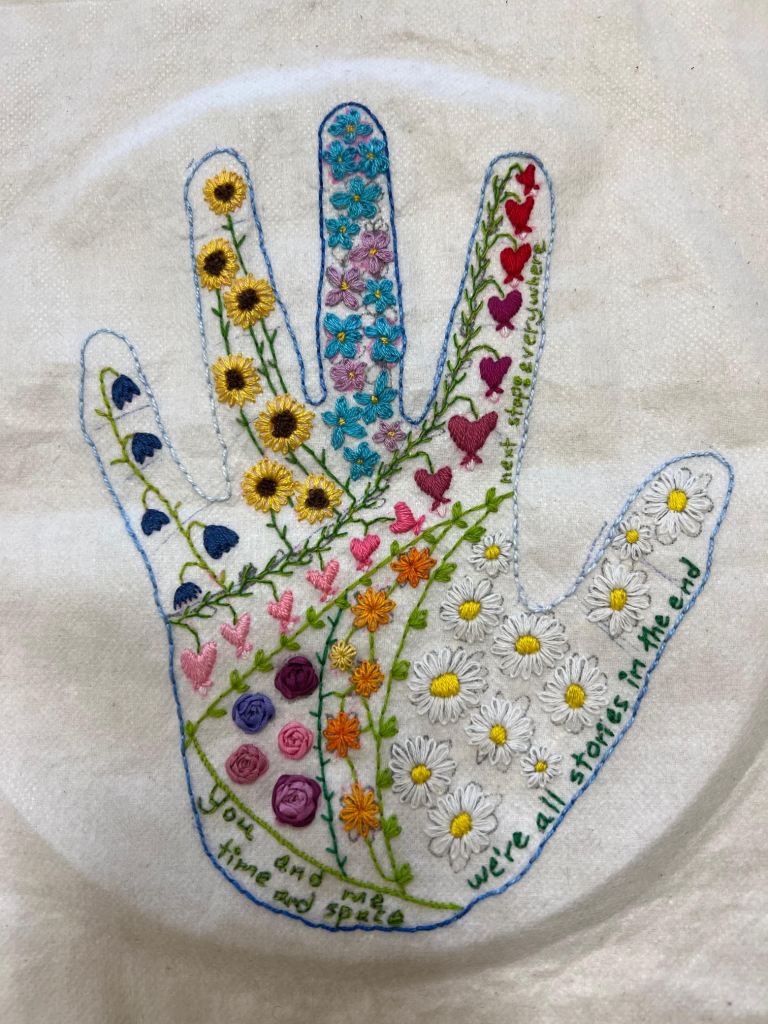 Embroidered hand in various techniques